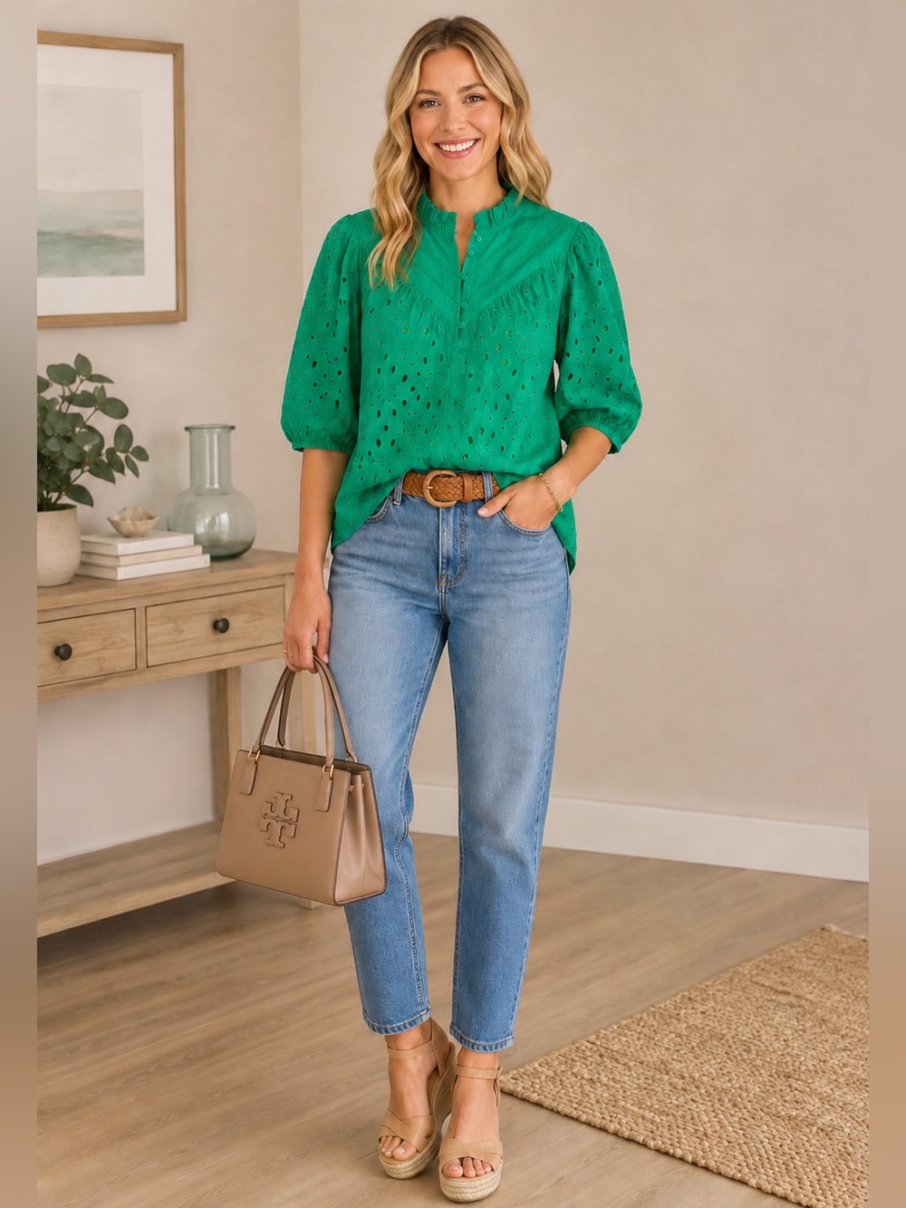 PRETTYGARDEN Green Eyelet Puff-Sleeve Blouse with Ruffle Collar XL